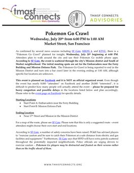 Pokemon Go Crawl Wednesday, July 20Th from 6:00 PM to 1:00 AM Market Street, San Francisco