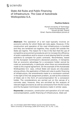 State Aid Rules and Public Financing of Infrastructure. the Case of Autostrada Wielkopolska S.A