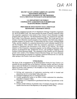 Death Valley Lower Carbonate Aquifer Monitoring Program- Wells Down Gradient of the Proposed Yucca Mountian Nuclear Waste Repository