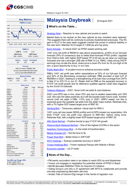 Malaysia Daybreak | 30 August 2021 FBMKLCI Index