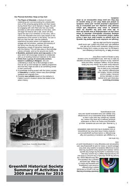 Greenhill Historical Society Summary of Activities in 2009 and Plans for 2010