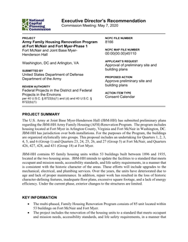 Army Family Housing Renovation Program at Fort Mcnair and Fort Myer - Phase 1, Located in Washington, DC and Arlington, Virginia, Respectively