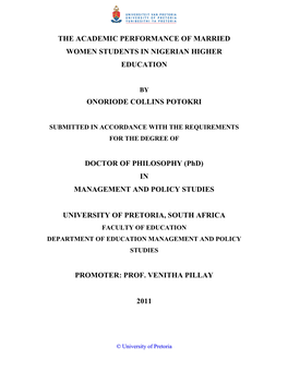 The Academic Performance of Married Women Students in Nigerian Higher Education Onoriode Collins Potokri Doctor of Philosophy (P