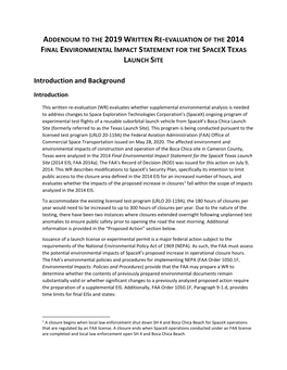 Addendum to the 2019 Written Re-Evaluation of the 2014 Final Environmental Impact Statement for the Spacex Texas Launch Site