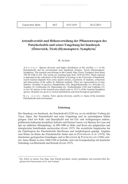 Artendiversität Und Höhenverteilung Der Pflanzenwespen Des Patscherkofels Und Seiner Umgebung Bei Innsbruck (Österreich, Tirol) (Hymenoptera: Symphyta)*