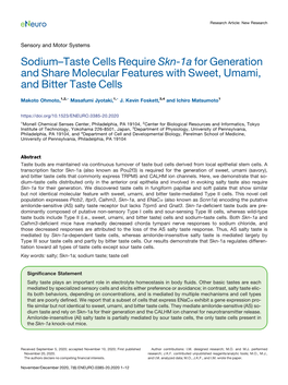 Sodium–Taste Cells Require Skn-1A for Generation and Share Molecular Features with Sweet, Umami, and Bitter Taste Cells