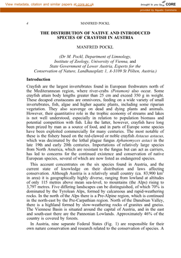 THE DISTRIBUTION of NATIVE and INTRODUCED SPECIES of CRAYFISH in AUSTRIA MANFRED POCKL (Dr M. Pockl, Department of Limnology, In