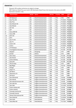 Channel List: 1 DD National SD Hindi Entertainment 114 FTA FTA FTA 2 Star Plus HD HD Hindi Entertainment 115 Pay ₹ 19.00 ₹