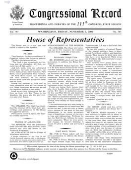 Congressional Record United States Th of America PROCEEDINGS and DEBATES of the 111 CONGRESS, FIRST SESSION