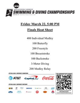 Friday March 22, 5:00 PM Finals Heat Sheet