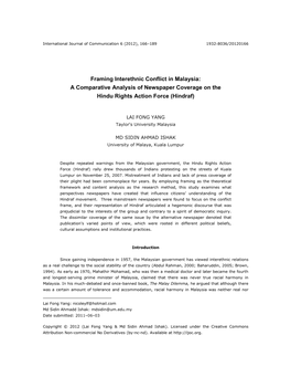 Framing Interethnic Conflict in Malaysia: a Comparative Analysis of Newspaper Coverage on the Hindu Rights Action Force (Hindraf)