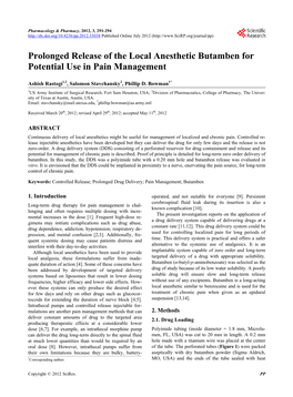 Prolonged Release of the Local Anesthetic Butamben for Potential Use in Pain Management