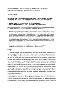 Ocena Potencjału Demograficznego Szczecińskiego Obszaru Metropolitalnego Z Zastosowaniem Zmiennej Syntetycznej
