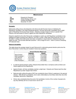 TO: Edwards for President FROM: Global Strategy Group, LLC RE: Updated Electability Data Date December 18, 2007