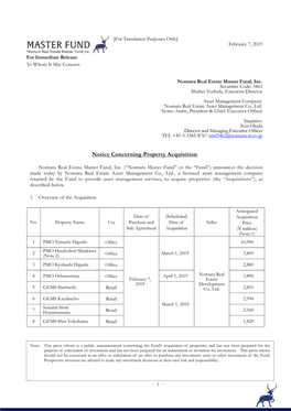Notice Concerning Property Acquisition（PMO Tamachi Higashi