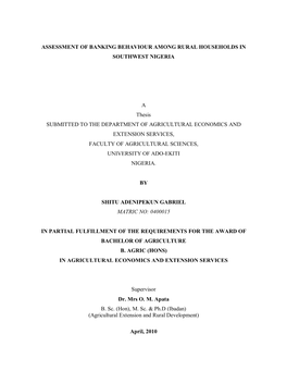 Assessment of Banking Behaviour Among Rural Households in Southwest Nigeria