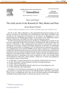 The Sixth Award of the Kenneth O May Medal and Prize