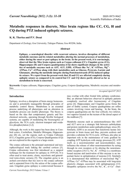 Metabolic Responses in Discrete, Mice Brain Regions Like CC, CG, H and CQ During PTZ Induced Epileptic Seizures