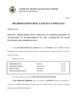 Comune Di Rivanazzano Terme Deliberazione Della Giunta