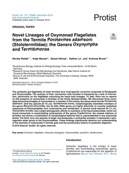 Novel Lineages of Oxymonad Flagellates from the Termite Porotermes Adamsoni (Stolotermitidae): the Genera Oxynympha and Termitim