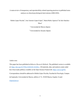 A Meta-Review of Transparency and Reproducibility-Related Reporting Practices in Published Meta- Analyses on Clinical Psychological Interventions (2000-2020)