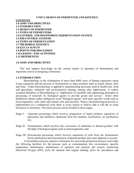 Unit I: Design of Fermenter and Kinetics