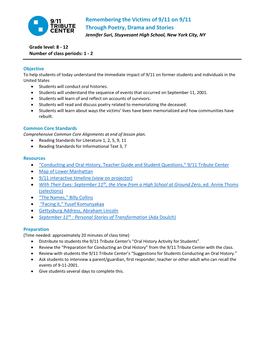 Remembering the Victims of 9/11 on 9/11 Through Poetry, Drama and Stories Jennifer Suri, Stuyvesant High School, New York City, NY