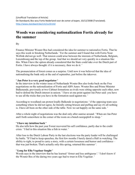 Woods Was Considering Nationalization Fortis Already for the Summer