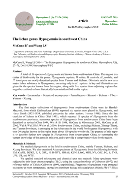 The Lichen Genus Hypogymnia in Southwest China Article