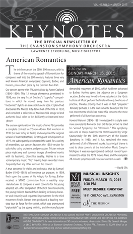 KEYNOTES the OFFICIAL NEWSLETTER of the EVANSTON SYMPHONY ORCHESTRA LAWRENCE ECKERLING, MUSIC DIRECTOR American Romantics