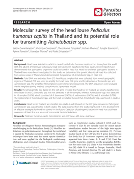 Molecular Survey of the Head Louse Pediculus Humanus Capitis in Thailand and Its Potential Role for Transmitting Acinetobacter Spp