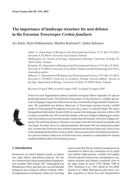 The Importance of Landscape Structure for Nest Defence in the Eurasian Treecreeper Certhia Familiaris