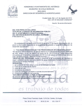 Honorable Ayuntamiento Del Histórico Municipio De Ayala Morelos 2013-2015 Direccion De Desarrollo Agropecuario