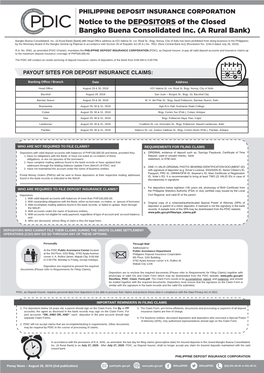 Notice to the DEPOSITORS of the Closed Bangko Buena Consolidated Inc. (A Rural Bank)