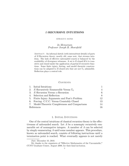 E-RECURSIVE INTUITIONS in Memoriam Professor Joseph R. Shoenfield Contents 1. Initial Intuitions 1 2. E-Recursively Enumerable V