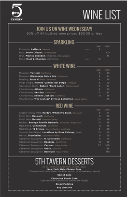 5Th Tavern 11X17 Menu