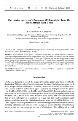 The Marine Species of Cladophora (Chlorophyta) from the South African East Coast