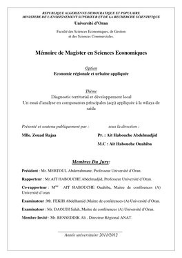 Mémoire De Magister En Sciences Economiques