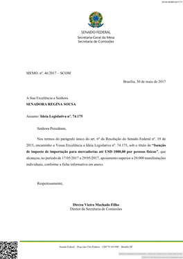 MEMO. Nº. 46/2017 – SCOM Brasília, 30 De Maio