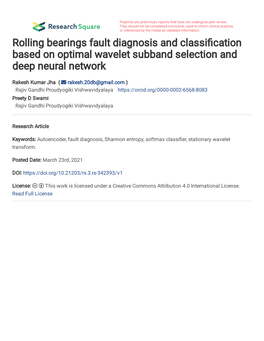 Rolling Bearings Fault Diagnosis and Classi Cation Based on Optimal Wavelet Subband Selection and Deep Neural Network