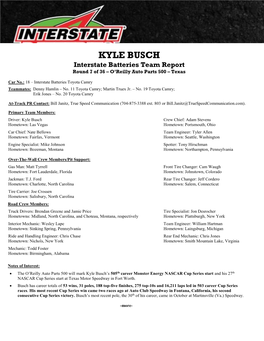 KYLE BUSCH Interstate Batteries Team Report Round 7 of 36 – O’Reilly Auto Parts 500 – Texas