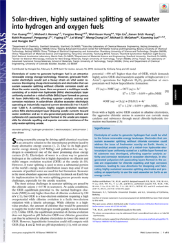 Solar-Driven, Highly Sustained Splitting of Seawater Into Hydrogen and Oxygen Fuels