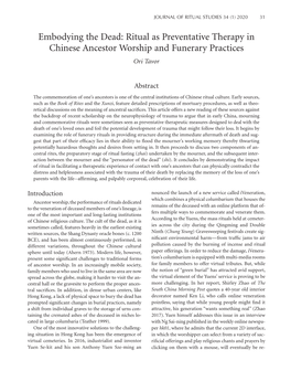 Embodying the Dead: Ritual As Preventative Therapy in Chinese Ancestor Worship and Funerary Practices Ori Tavor