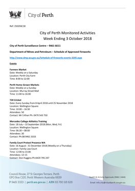 City of Perth Monitored Activities Week Ending 3 October 2018