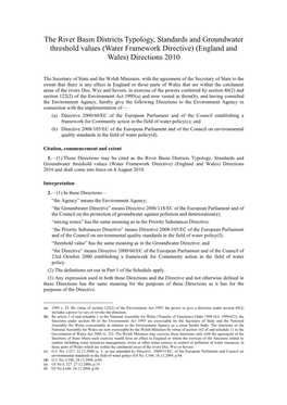 The River Basin Districts Typology, Standards and Groundwater Threshold Values (Water Framework Directive) (England and Wales) Directions 2010