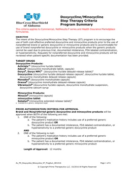 Doxycycline/Minocycline Step Therapy Criteria Program Summary