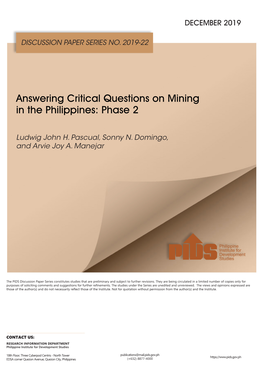 Answering Critical Questions on Mining in the Philippines: Phase 2