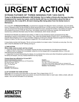 URGENT ACTION SYRIAN FATHER of THREE MISSING for 1403 DAYS Today Is Ali Mohammed Mostafa’S 55Th Birthday