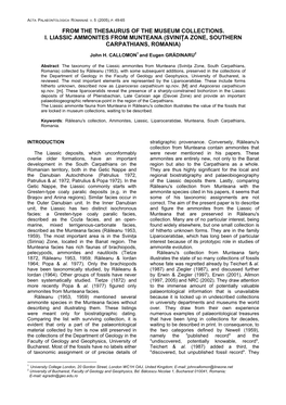 From the Thesaurus of the Museum Collections. I. Liassic Ammonites from Munteana (Sviniţa Zone, Southern Carpathians, Romania)