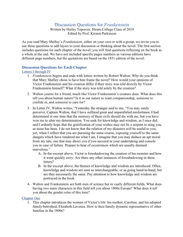 Discussion Questions for Frankenstein Written by Hailey Toporcer, Hiram College Class of 2019 Edited by Prof